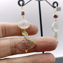 Load image into Gallery viewer, Garnet, carved crystal &amp; rose quartz drop earrings