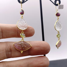 Load image into Gallery viewer, Garnet, carved crystal &amp; rose quartz drop earrings