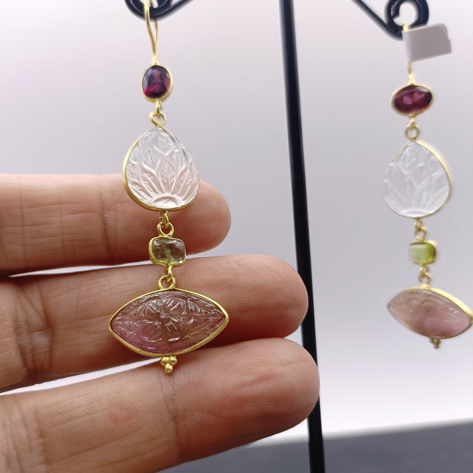 Garnet, carved crystal & rose quartz drop earrings