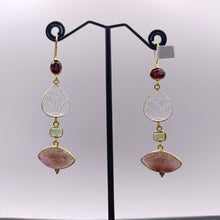 Load image into Gallery viewer, Garnet, carved crystal &amp; rose quartz drop earrings